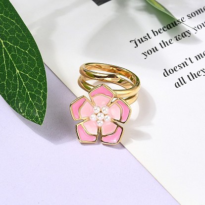 Цветок 304 эмалированные манжеты из нержавеющей стали для женщин, с пластиковой имитационной жемчужиной