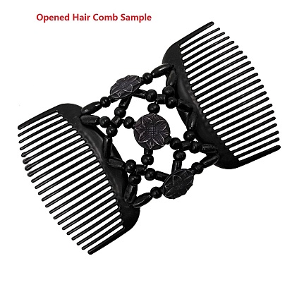 Plastic Hair Bun Maker, Stretch Double Hair Comb, with Wood Beads and Resin Flower