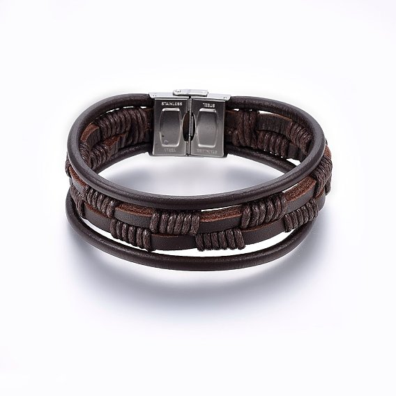 Leather Cord Multi-strand Bracelets, with 201 Stainless Steel Clasp, Rectangle, Coconut Brown