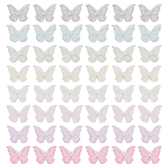 48шт 8 цвета двухслойные 3d бабочка полиэстер вышивка орнамент аксессуары, с пластиковой имитационной жемчужиной, аппликация из органзы, швейные украшения