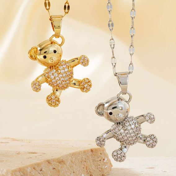 Ожерелья с подвеской из прозрачного кубического циркония с рисунком медведя из латуни с микропаве для женщин