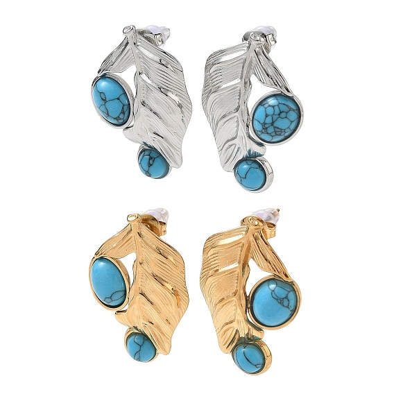 304 Stainless Steel Stud Earrings for Women, with Turquoise, Leaf