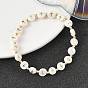 Natural Freshwater Shell Flat Round with Cross Beaded Stretch Bracelets for Women, with Brass Beads, Golden