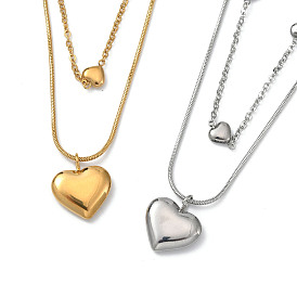 304 Stainless Steel Cable & Round Snake Chains Double Layer Necklace, with Heart Pendants