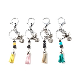 Angel Alloy Pendant Keychain, with Natural Jade & Lava Rock Beads, Faux Suede Tassel, Alloy & Iron & 304 Stainless Steel Findings