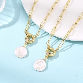 Natural Baroque Pearl Keshi Pearl Coin Pendant Brass Paperclip Chain Necklaces for Women, White