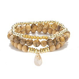 3Pcs 3 Style Natural & Synthetic Mixed Stone & Wood & Brass Stretch Bracelets Set with Glass Teardrop for Women