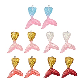 10Pcs 5 Colors Gradient Color Resin Pendants, Mermaid Tail Charms, with Glitter Powder and Platinum Tone Iron Loops