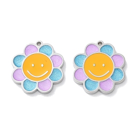 304 Stainless Steel Pendants, with Enamel, Flower with Smiling Face Charm