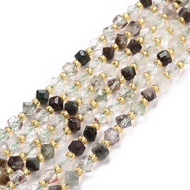 Natural Lodolite Quartz Beads Strands, with Seed Beads, Faceted, Diagonal Cube Beads