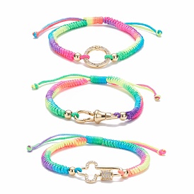 Ring & Cross & Lobster Claw Clasps Shape Brass Micro Pave Cubic Zirconia Link Bracelets Set, Colorful Cord Braided Bracelets for Girl Women