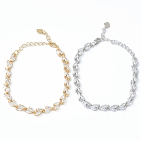 Brass Charm Bracelets, with Lobster Claw Clasps and Clear Cubic Zirconia Charms, Long-Lasting Plated