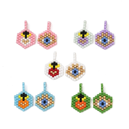 Colgantes de cuentas de semillas de vidrio, Hexágono con dijes de corazón sagrado y ojo turco.
