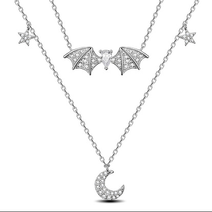 SHEGRACE 925 Sterling Silver Double Layer Necklaces, Pendant Necklaces, with Clear Grade AAA Cubic Zirconia, Bat with Moon