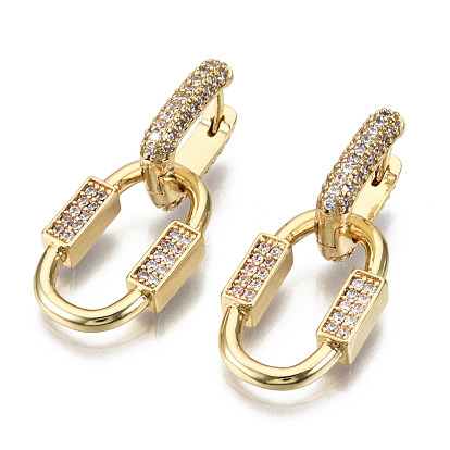 Brass Micro Pave Clear Cubic Zirconia Dangle Huggie Hoop Earrings, Nickel Free, Oval