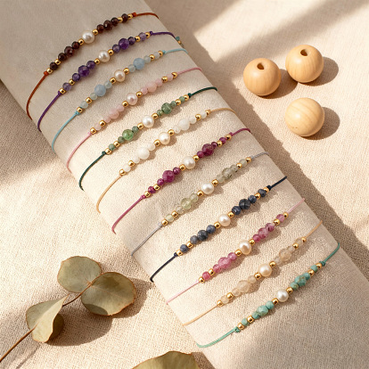 Браслеты из натуральных и синтетических драгоценных камней и латунных бусин, плетеные из бусин, для женщин., круглые, с пластиковой имитационной жемчужиной