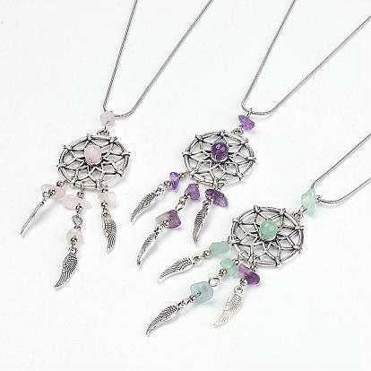 Alloy Pendant Necklaces, with Natural Gemstone Beads and Brass Chain, Woven Net/Web with Feather