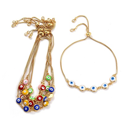 Pulseras deslizantes de latón ajustable, pulseras de bolo, con cadenas de caja y eslabones de latón esmaltado, mal de ojo, dorado
