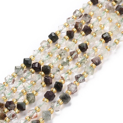 Natural Lodolite Quartz Beads Strands, with Seed Beads, Faceted, Diagonal Cube Beads
