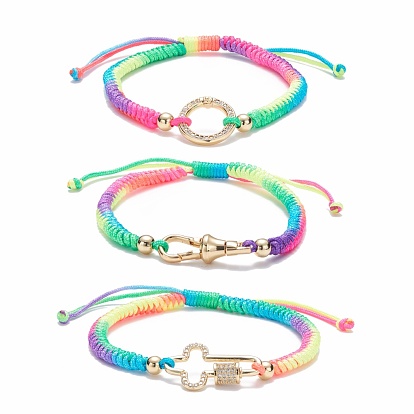 Ring & Cross & Lobster Claw Clasps Shape Brass Micro Pave Cubic Zirconia Link Bracelets Set, Colorful Cord Braided Bracelets for Girl Women