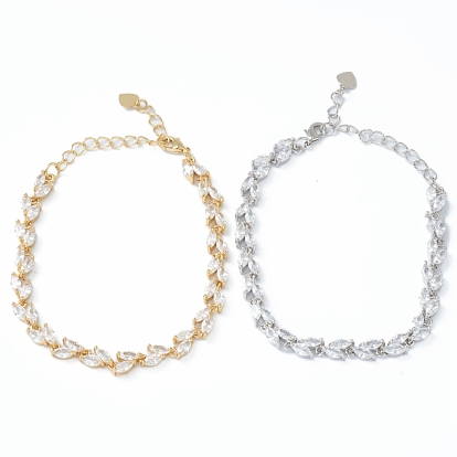Brass Charm Bracelets, with Lobster Claw Clasps and Clear Cubic Zirconia Charms, Long-Lasting Plated