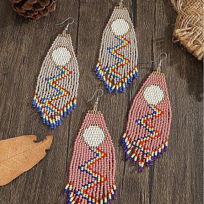 Серьги-кисточки в стиле бохо, с геометрическими стеклянными бусинами ручной работы, платина, плоский круглый узор