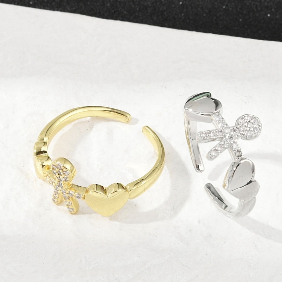 Регулируемые манжеты-кольца из латуни с микропаве из кубического циркония для женщин, Человек с сердцем, стойки покрытие, без кадмия и без свинца, долговечный