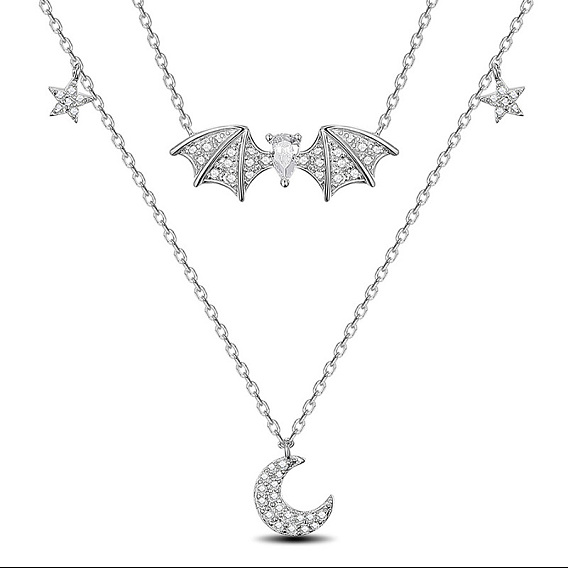 SHEGRACE 925 Sterling Silver Double Layer Necklaces, Pendant Necklaces, with Clear Grade AAA Cubic Zirconia, Bat with Moon