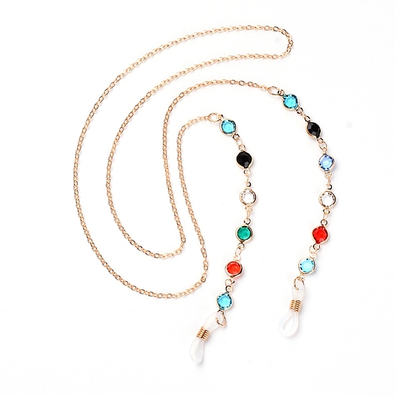 Eyeglasses Chains, Neck Strap for Eyeglasses, with Iron Cable Chains, Glass Flat Round Links and Rubber Loop Ends, Colorful