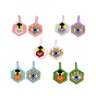 Glass Seed Beaded Pendants, Hexagon with Sacred Heart & Evil Eye Pattern Charms