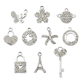 10Pcs 10 Style Platinum Tone Alloy Rhinestone Pendants, Flower & Heart Lock & Butterfly & Eiffel Tower Charms