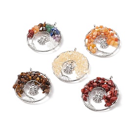 5Pcs Natural Mixed Stone Chip Big Pendants, Alloy Angel Gemstone Tree of Life Charms