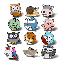 Cartoon Animal Enamel Pins, Black Alloy Brooch, Owl/Dog/Bird/Shark/Unicorn/Snail/Hippo/Koala/Raccoon