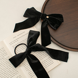 Elegant Black Velvet Hair Clip with Vintage Butterfly Bow and Ribbon for French Girls