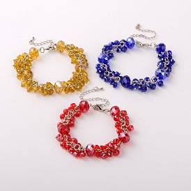 Trendy Faceted Glass Beads Bracelets, with Brass Lobster Claw Clasps and Iron End Chains, 190mm