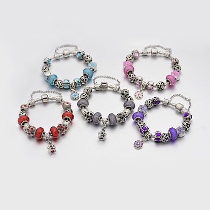 Alloy Rhinestone Enamel European Beaded Bracelets, with Resin European Beads, Brass Chains and Alloy Clasps