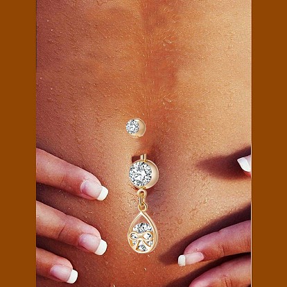 Piercing Jewelry, Brass Cubic Zirconia Navel Ring, Belly Rings, with Surgical Stainless Steel Bar, Cadmium Free & Lead Free, Drop