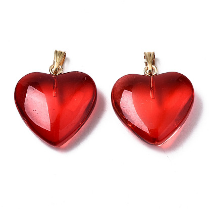 Transparent Spray Painted Glass Pendants, with Golden Plated Iron Bails, Heart