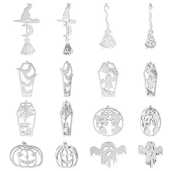 16 шт. 8 стиль Хэллоуин 201 подвески из нержавеющей стали, лазерная резка, гроб, ведьма, метла, призрак и тыквенный фонарь из тыквы