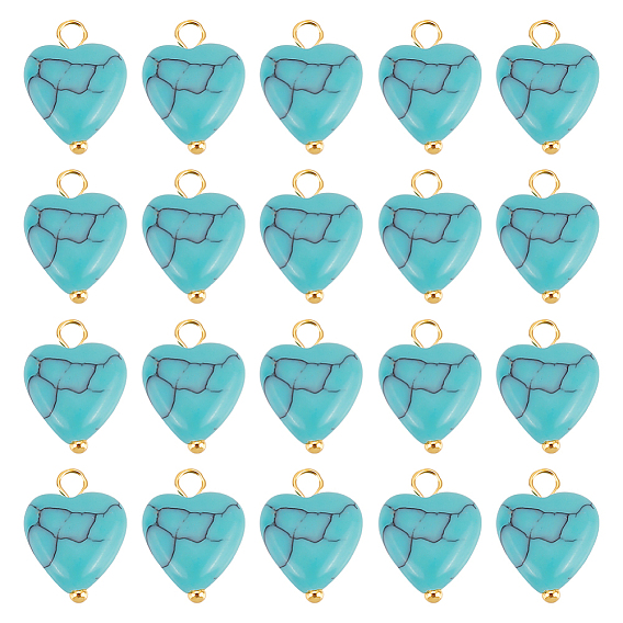 50Подвески из искусственной бирюзы шт., шарма сердца, с золотыми латунными штифтами с шаровой головкой