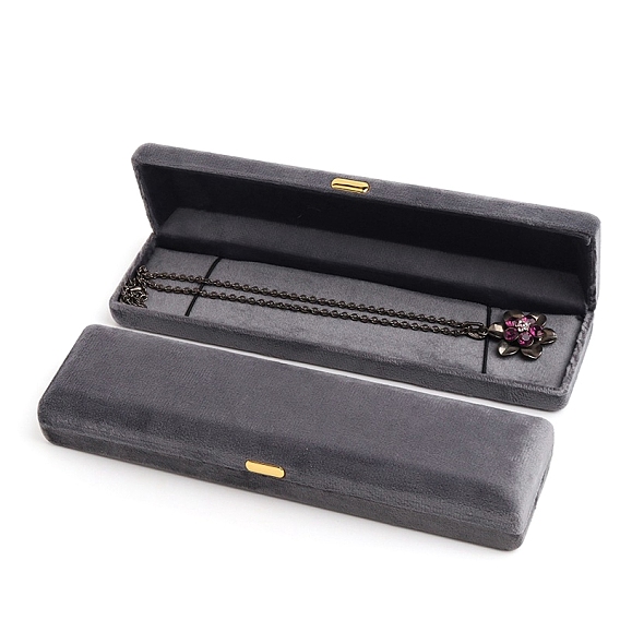 Rectangle Velvet Necklace Storage Boxes, Jewelry Gift Case for Necklace, with Golden Tone Iron Clip