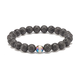 Natural Lava Rock & Tibetan Agate Round Beaded Stretch Bracelet, Essential Oil Gemstone Jewelry for Women