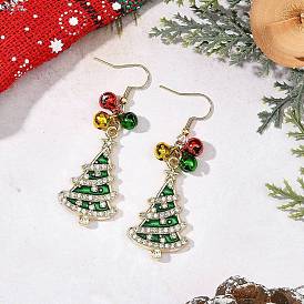 Alloy Enamel with Rhinestone Christmas Trees Dangle Earrings, Brass Bell with 304 Stainless Steel Earrings for Women