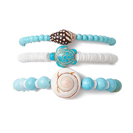 3Pcs 3 Styles Summer Beach Turtle Dyed Synthetic Turquoise & Shell Bead Bracelet Sets, Round Dyed Natural Magnesite & Disc Sea Shell Beaded Stretch Stackable Bracelets for Women