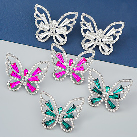 Fashionable Colorful Diamond Butterfly Earrings for Women, European and American Style Exaggerated Super Fairy Ear Studs with Alloy Inlaid Diamonds and Water Drills.