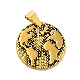 Vacuum Plating 304 Stainless Steel Pendants, Flat Round with Map Charm