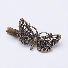 Iron Alligator Hair Clip Findings, with Brass Filigree Findings, Butterfly