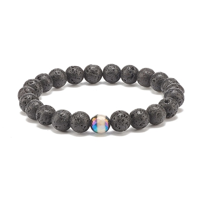 Natural Lava Rock & Tibetan Agate Round Beaded Stretch Bracelet, Essential Oil Gemstone Jewelry for Women