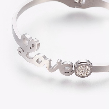 304 Stainless Steel Bangles, with Polymer Clay Rhinestone, with word Love