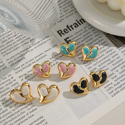 Серьги-гвоздики в форме сердца из нержавеющей стали, реальный 18 k позолоченный, с эмалью